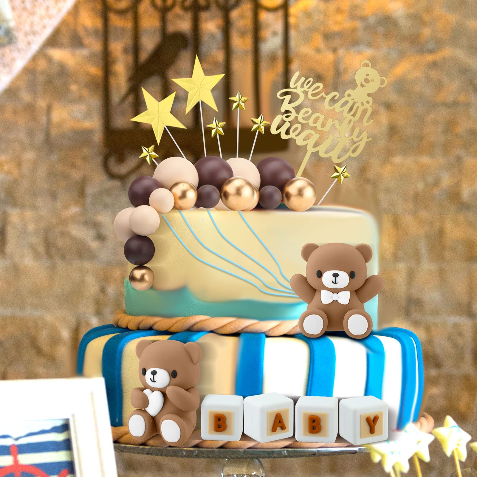 Yinder Bear Cake Toppers – Mini Bear Decorations in Dark Brown with Gold & White Pearl Balls