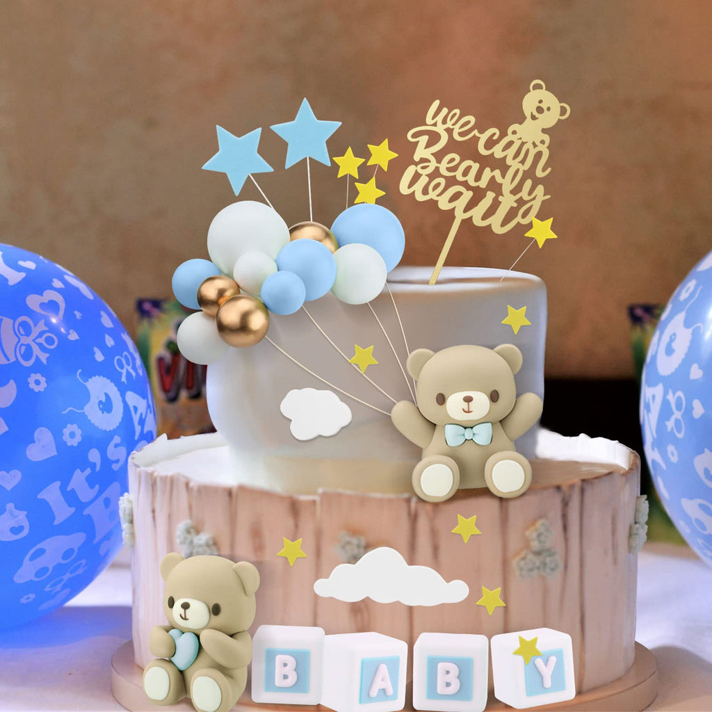 Yinder Bear Cake Toppers – Mini Bear Decorations with Blue Bow, Gold & White Pearl Balls
