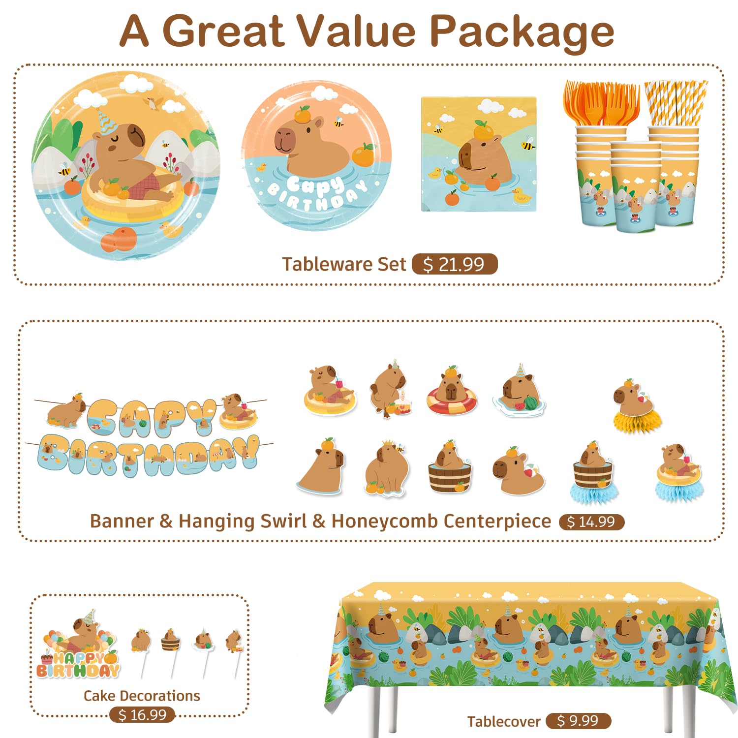 Yingoto 213 PCS Capybara Birthday Decorations & Tableware for 25 Guests