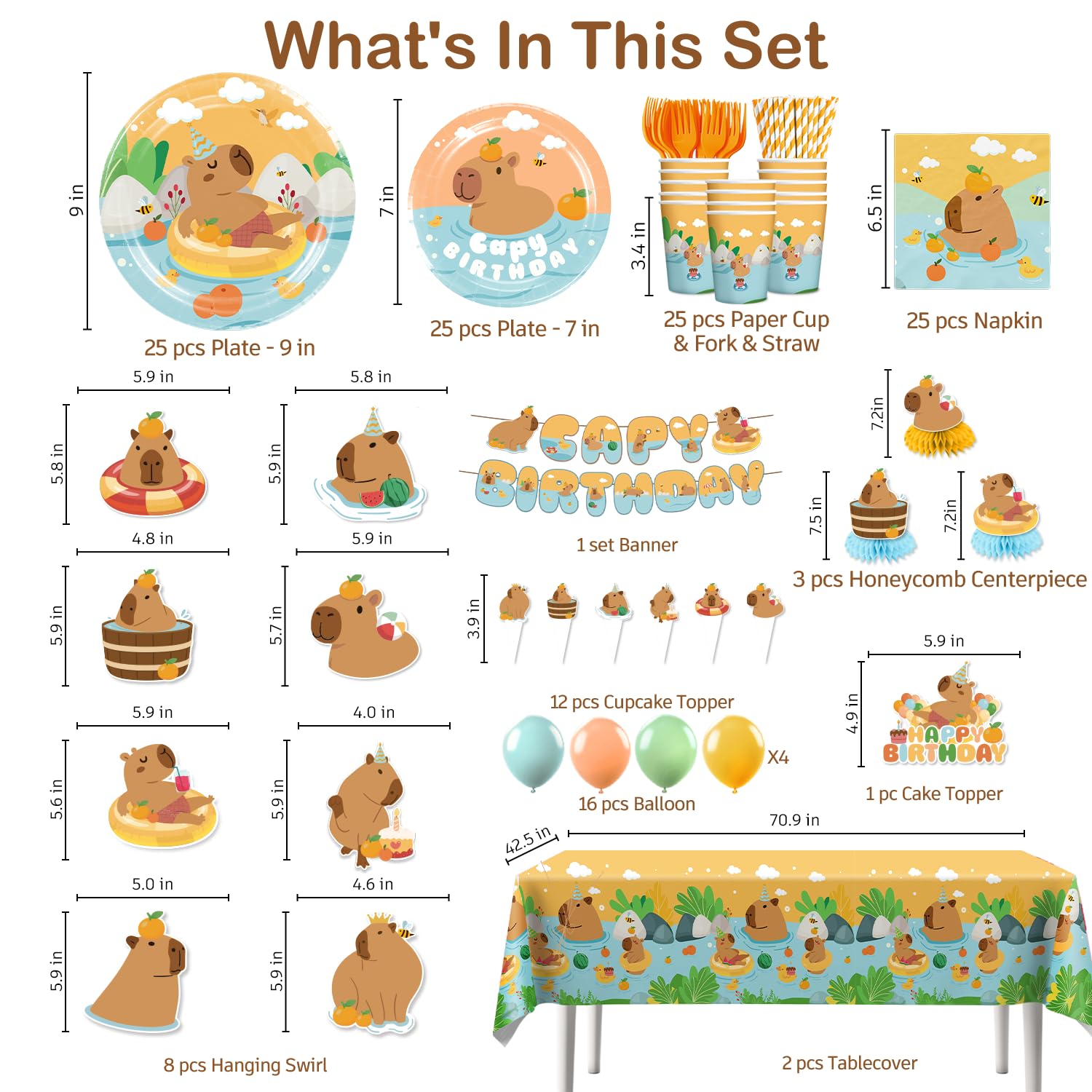 Yingoto 213 PCS Capybara Birthday Decorations & Tableware for 25 Guests