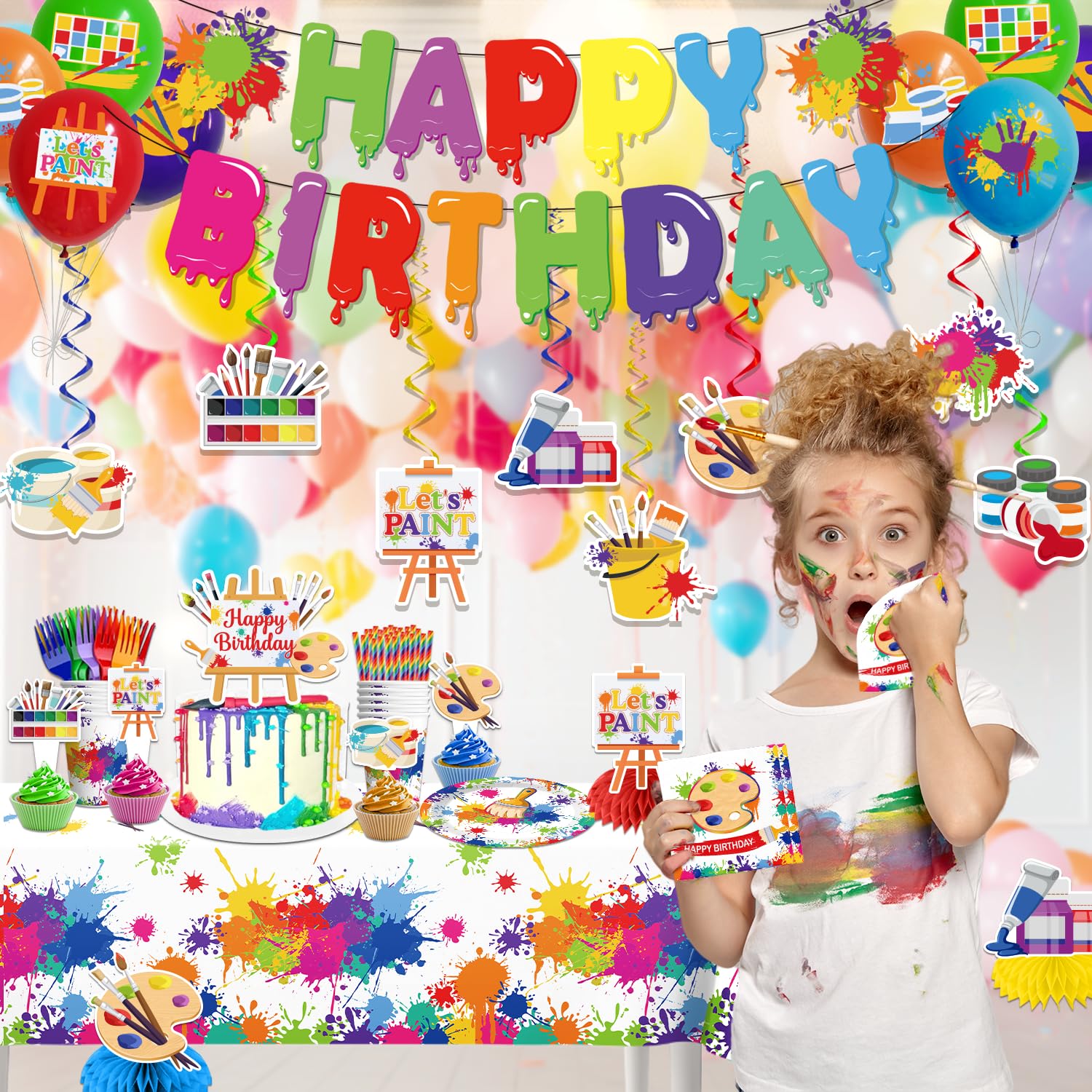 Yingoto 200pc Paint Party Decorations – Disposable Tableware & 2 Tablecloths