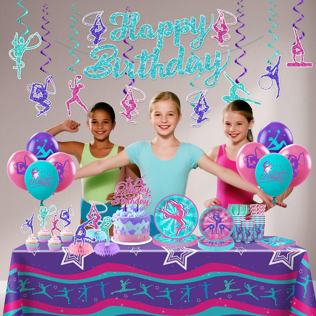 Yingoto 170 PCS Gymnastics Birthday Party Decorations for 20 Guests | Banner, Balloons, Cake Topper, Plates & Napkins