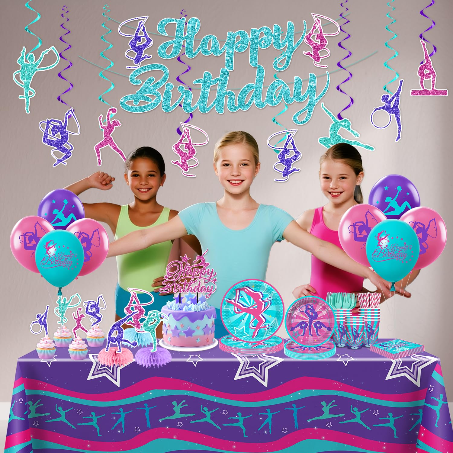 Yingoto 170 PCS Gymnastics Birthday Party Decorations for 20 Guests | Banner, Balloons, Cake Topper, Plates & Napkins