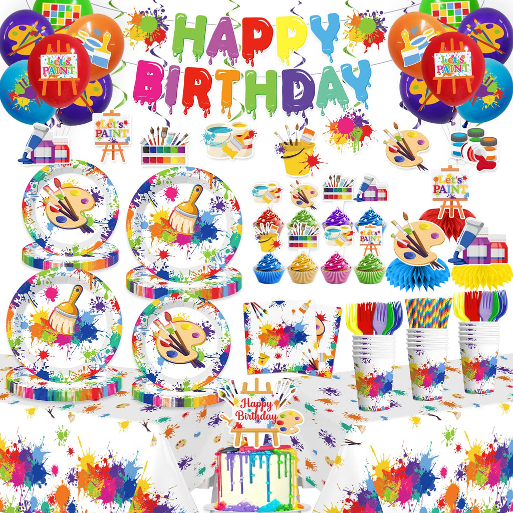 Yingoto 200pc Paint Party Decorations – Disposable Tableware & 2 Tablecloths