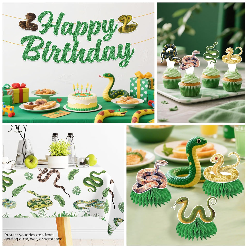 Yingoto Snake Party Decorations – Jungle Reptile Birthday Banner, Tableware & Cake Topper Set