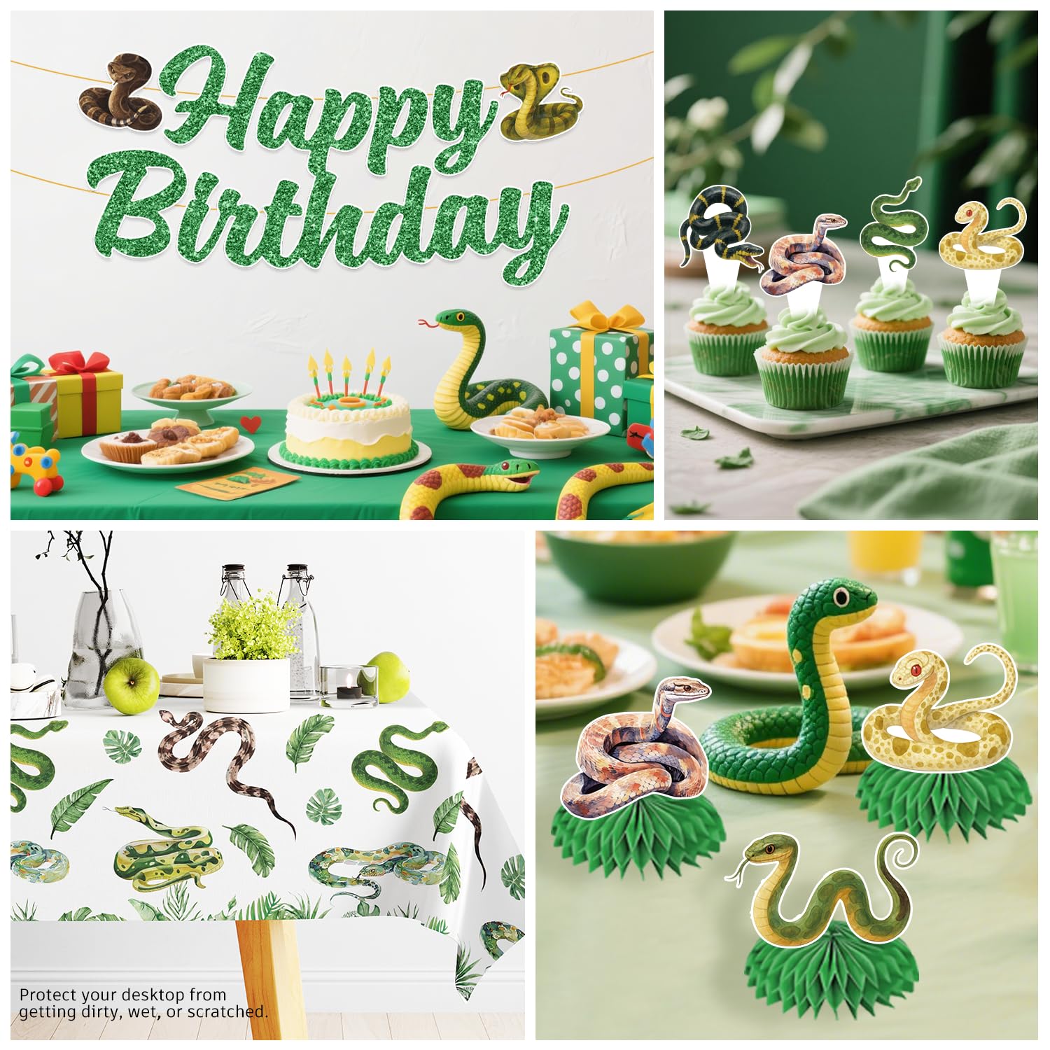 Yingoto Snake Party Decorations – Jungle Reptile Birthday Banner, Tableware & Cake Topper Set
