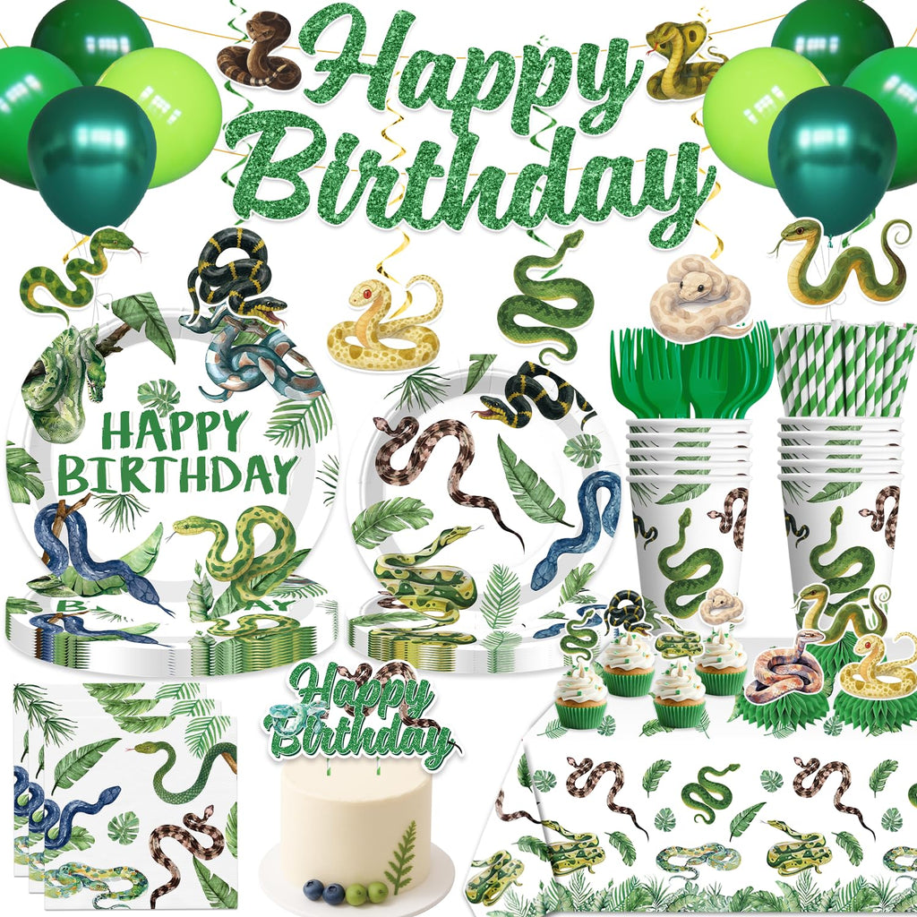 Yingoto Snake Party Decorations – Jungle Reptile Birthday Banner, Tableware & Cake Topper Set