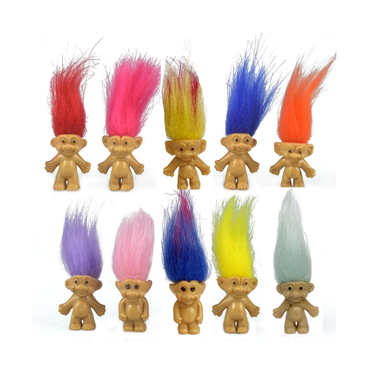Yintlilocn 10PCS Mini Troll Dolls – Colorful Hair Vintage Figures for Cake Toppers, Crafts & Party Favors