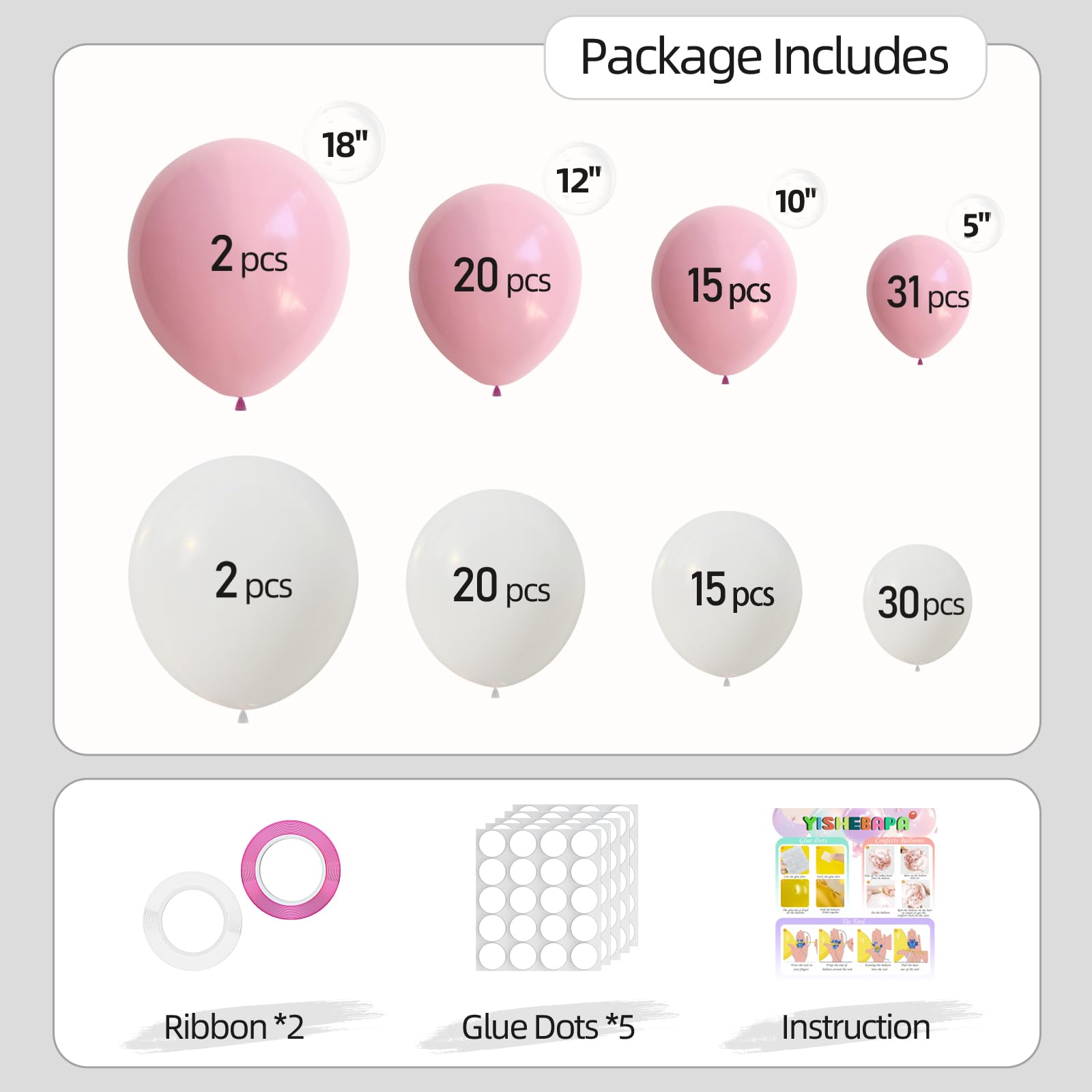 Yishebapa 135pcs Pink & White Balloon Arch Kit – 18/12/10/5 Inch Balloons for Baby Shower, Gender Reveal, Birthday, Wedding