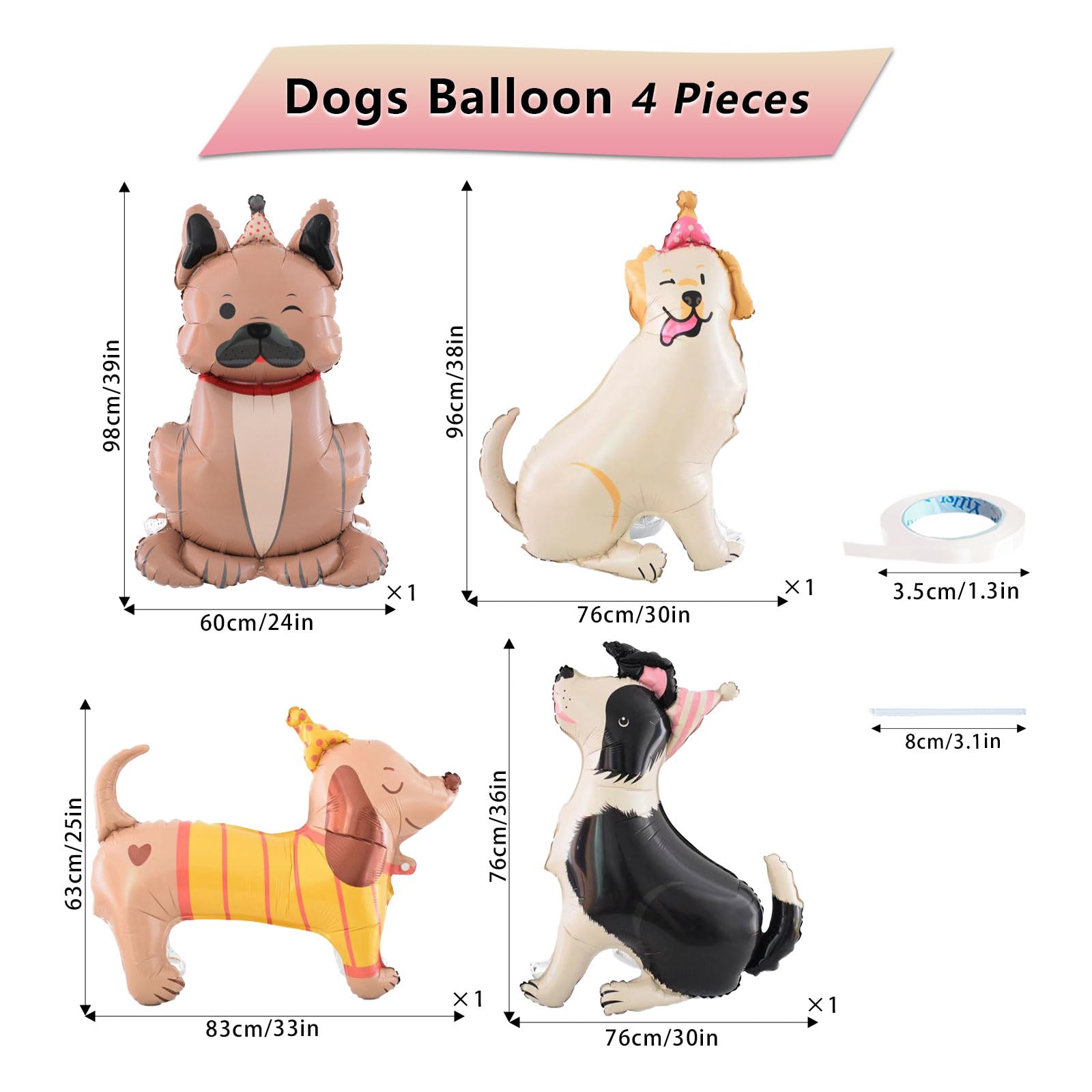 YiYou 4D Standing Puppy Foil Balloons - 4-Pack Self-Standing Dog Theme Party Decor
