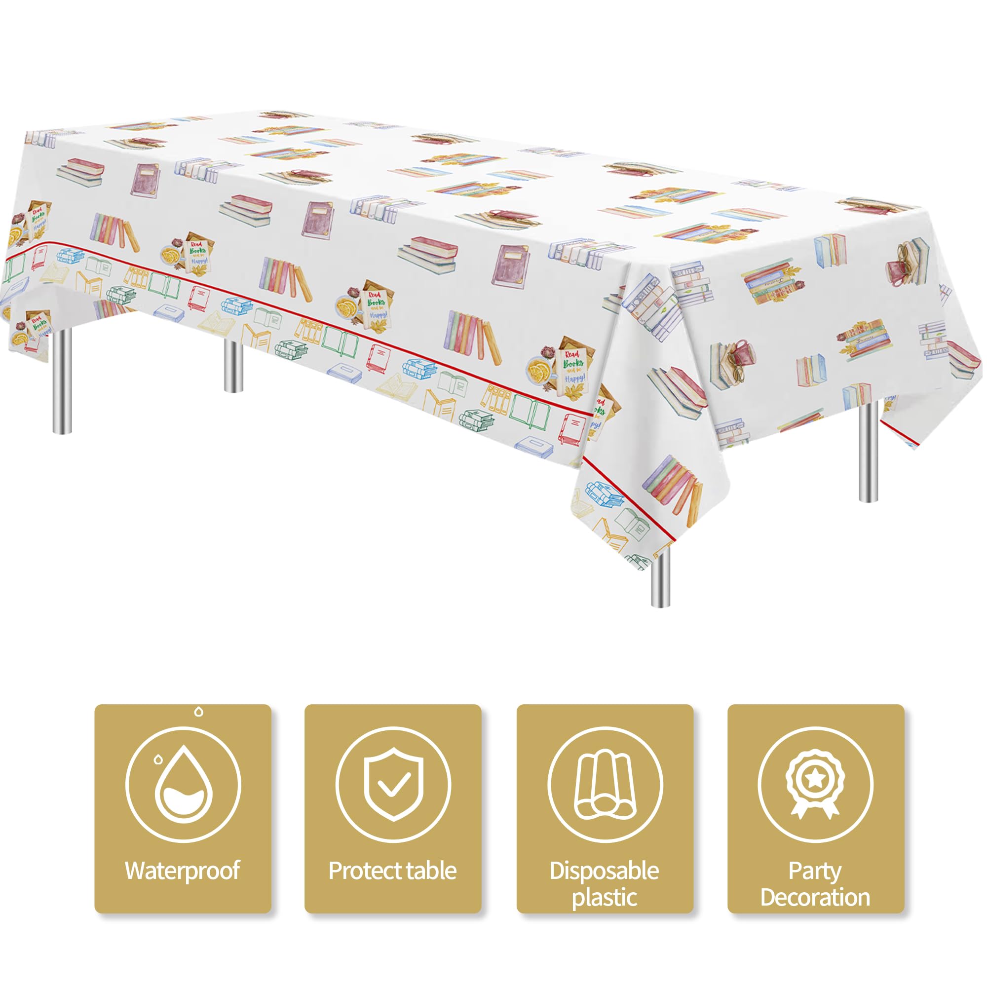 YJRJSC Book Themed Party Tablecloth - 3 Pcs, 54x108 in, Disposable Library Reading Theme