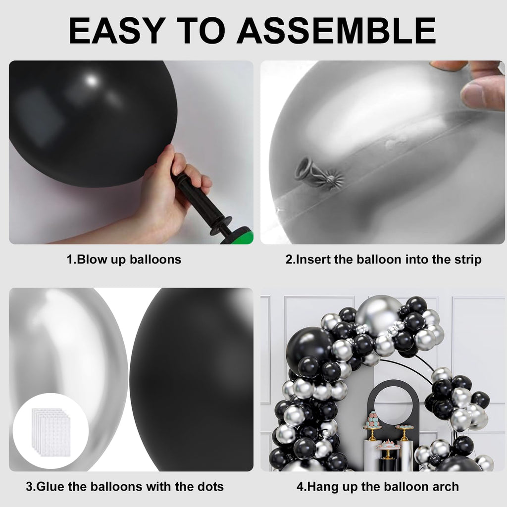 YMSZ Black & Silver Balloons Arch Garland Kit – 134pcs Metallic Balloon Set for Parties