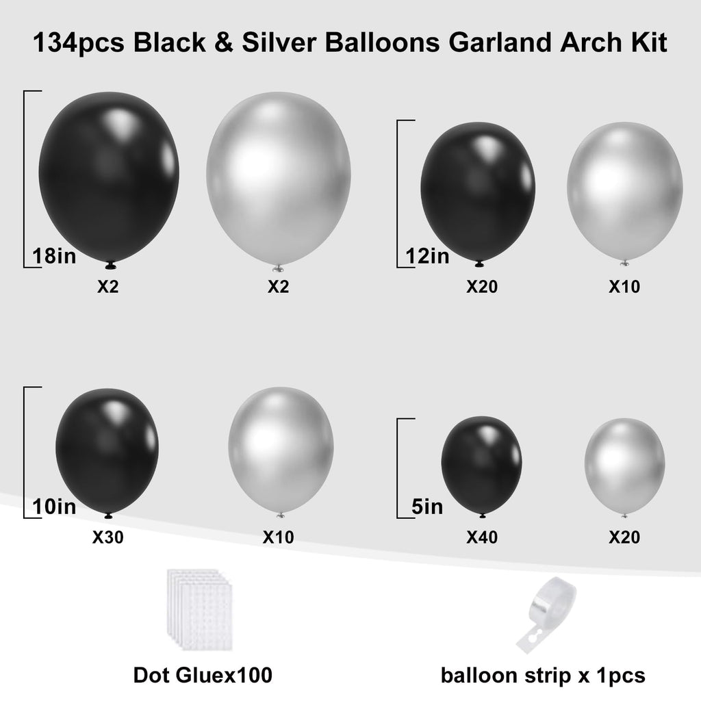 YMSZ Black & Silver Balloons Arch Garland Kit – 134pcs Metallic Balloon Set for Parties