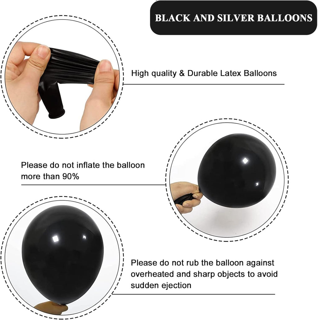 YMSZ Black & Silver Balloons – 67pc 12in Metallic Chrome Balloon Kit for Birthday, Wedding & More