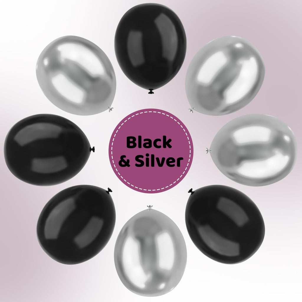 YMSZ Black & Silver Balloons – 67pc 12in Metallic Chrome Balloon Kit for Birthday, Wedding & More
