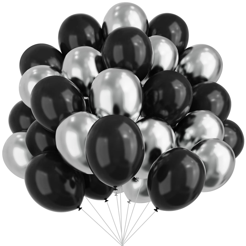 YMSZ Black & Silver Balloons – 67pc 12in Metallic Chrome Balloon Kit for Birthday, Wedding & More