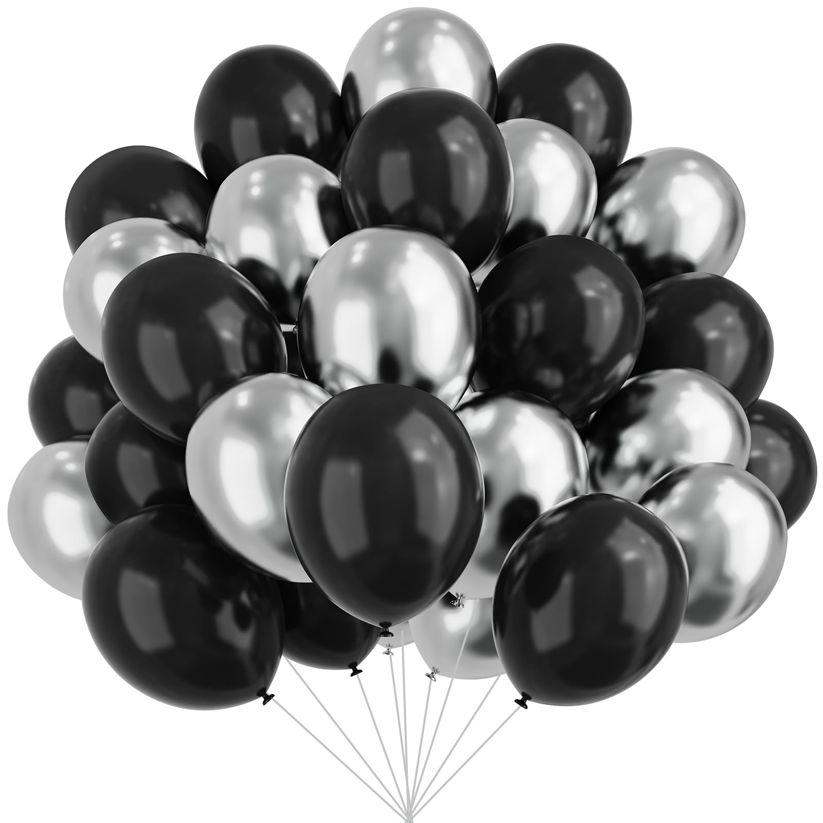YMSZ Black & Silver Balloons – 67pc 12in Metallic Chrome Balloon Kit for Birthday, Wedding & More