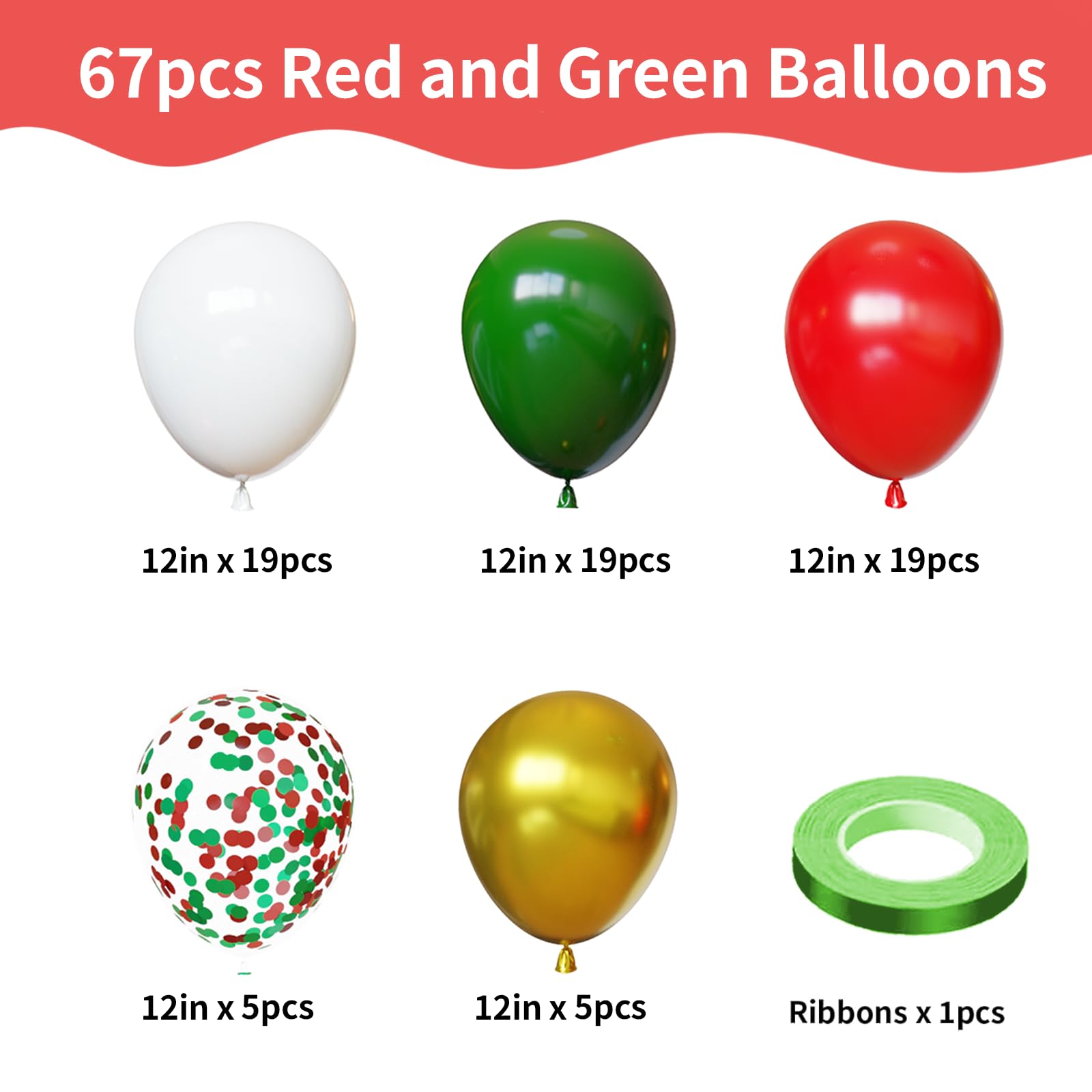 YMSZ Christmas Balloons Kit – 67pc 12in Red & Green with White/Gold Confetti for Birthday & Holiday Decor