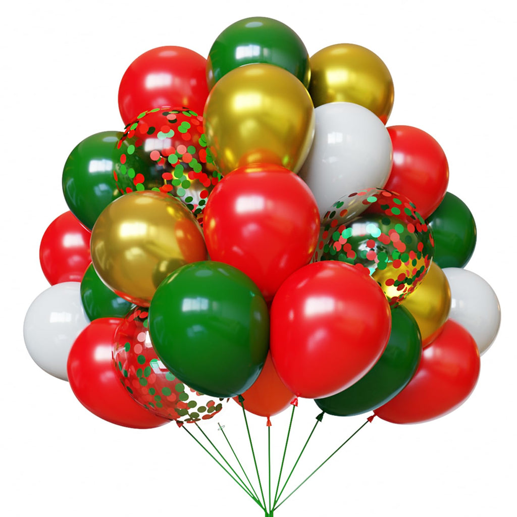 YMSZ Christmas Balloons Kit – 67pc 12in Red & Green with White/Gold Confetti for Birthday & Holiday Decor
