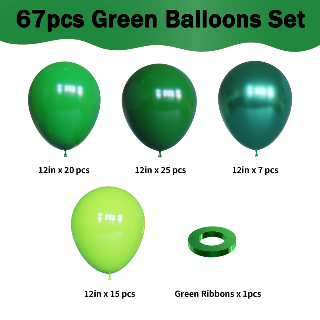 YMSZ Green Balloons Kit – 67pcs 12-inch Latex Balloons in Dark Green, Green, Lime, Metallics with Gold Ribbon