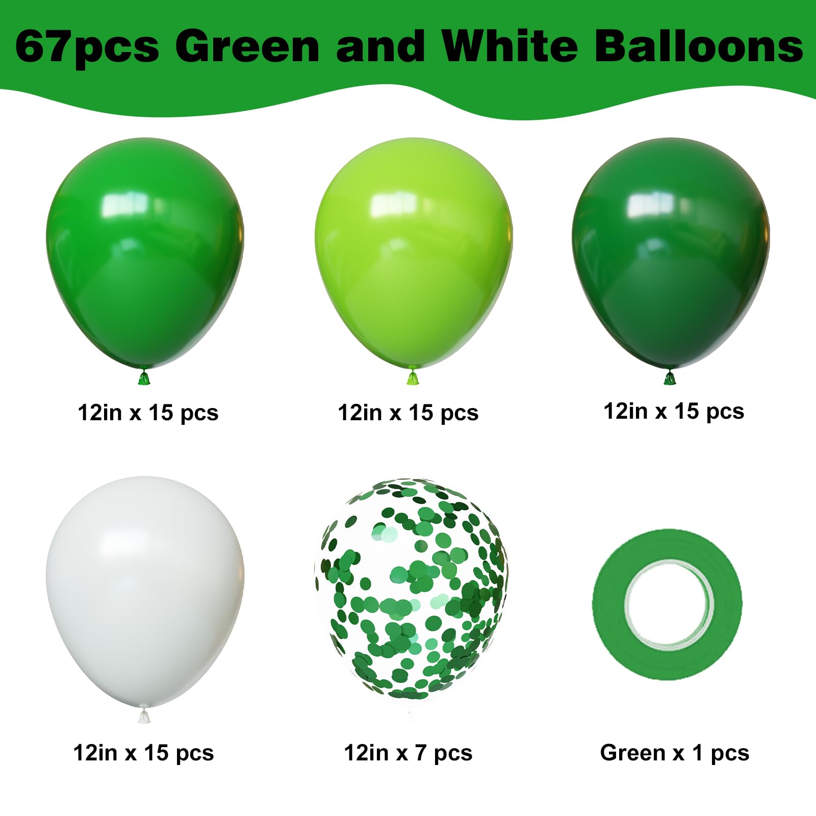 YMSZ Green Balloons Set – 67pcs 12-inch latex balloons for Birthday, St. Patrick's Day, Graduation, Baby Showers & Jungle Parties