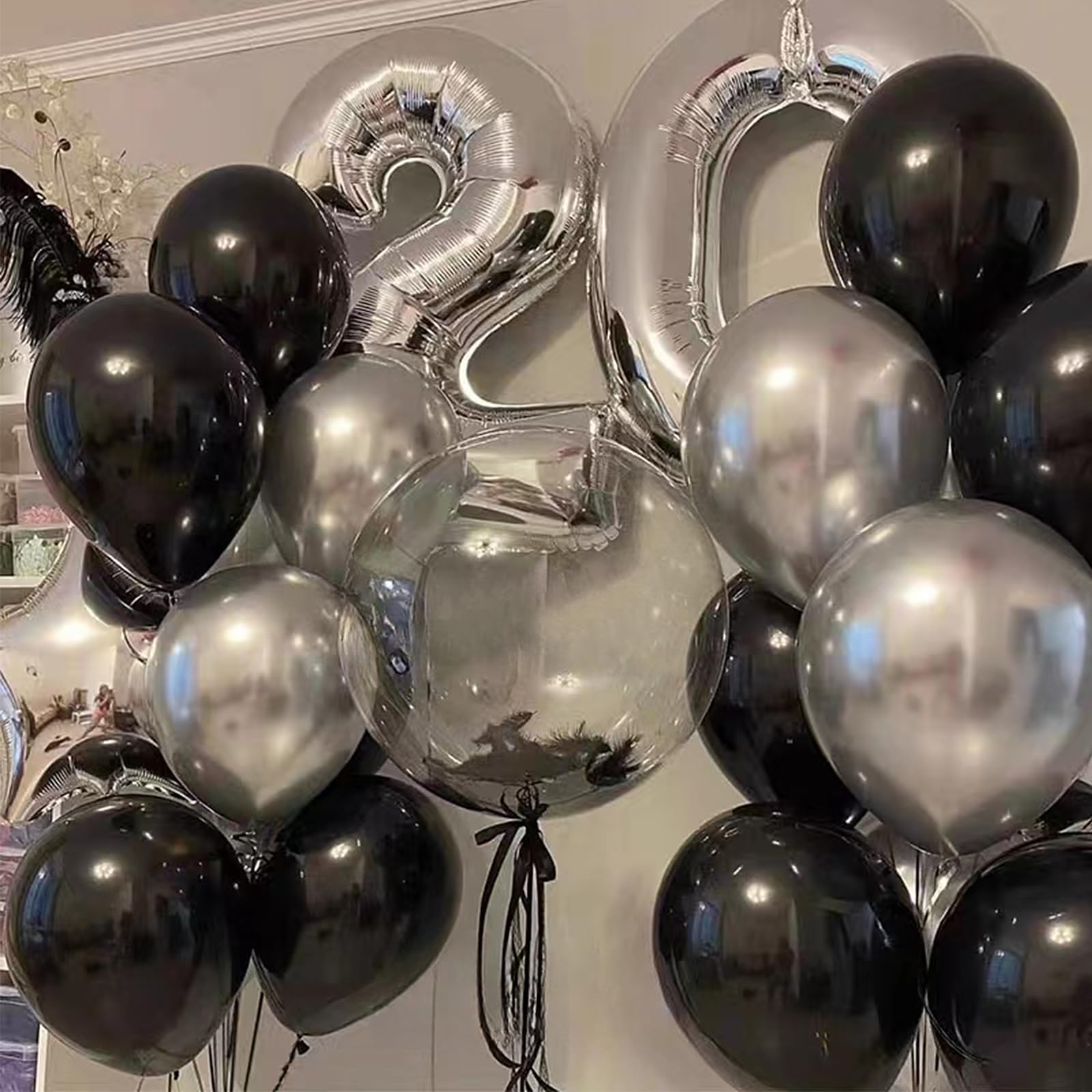 YMSZ Black & Silver Balloons – 67pc 12in Metallic Chrome Balloon Kit for Birthday, Wedding & More