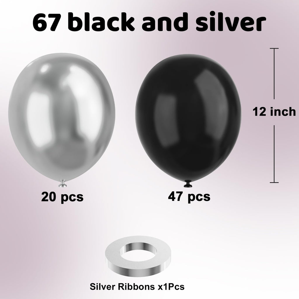 YMSZ Black & Silver Balloons – 67pc 12in Metallic Chrome Balloon Kit for Birthday, Wedding & More