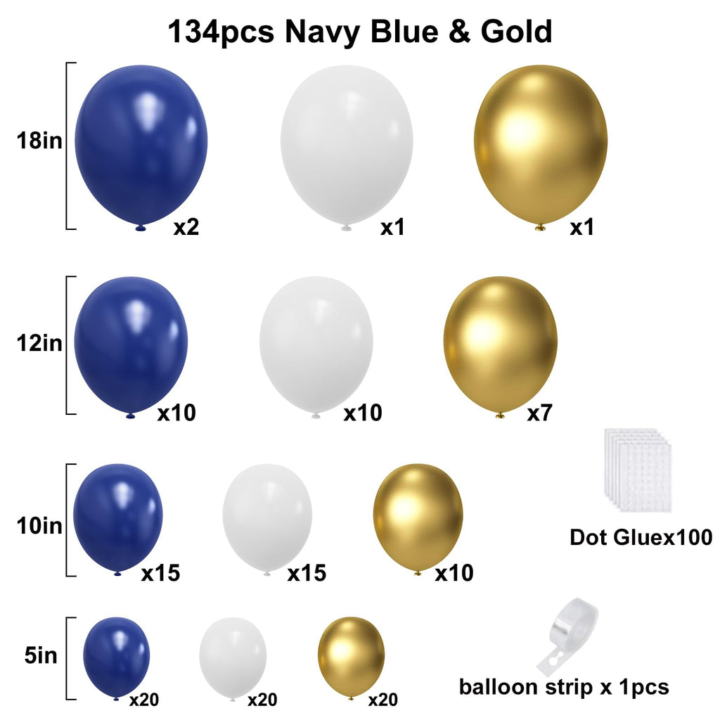 YMSZ Blue & Gold Balloons Arch Garland Kit — 134pcs Navy, Gold & White