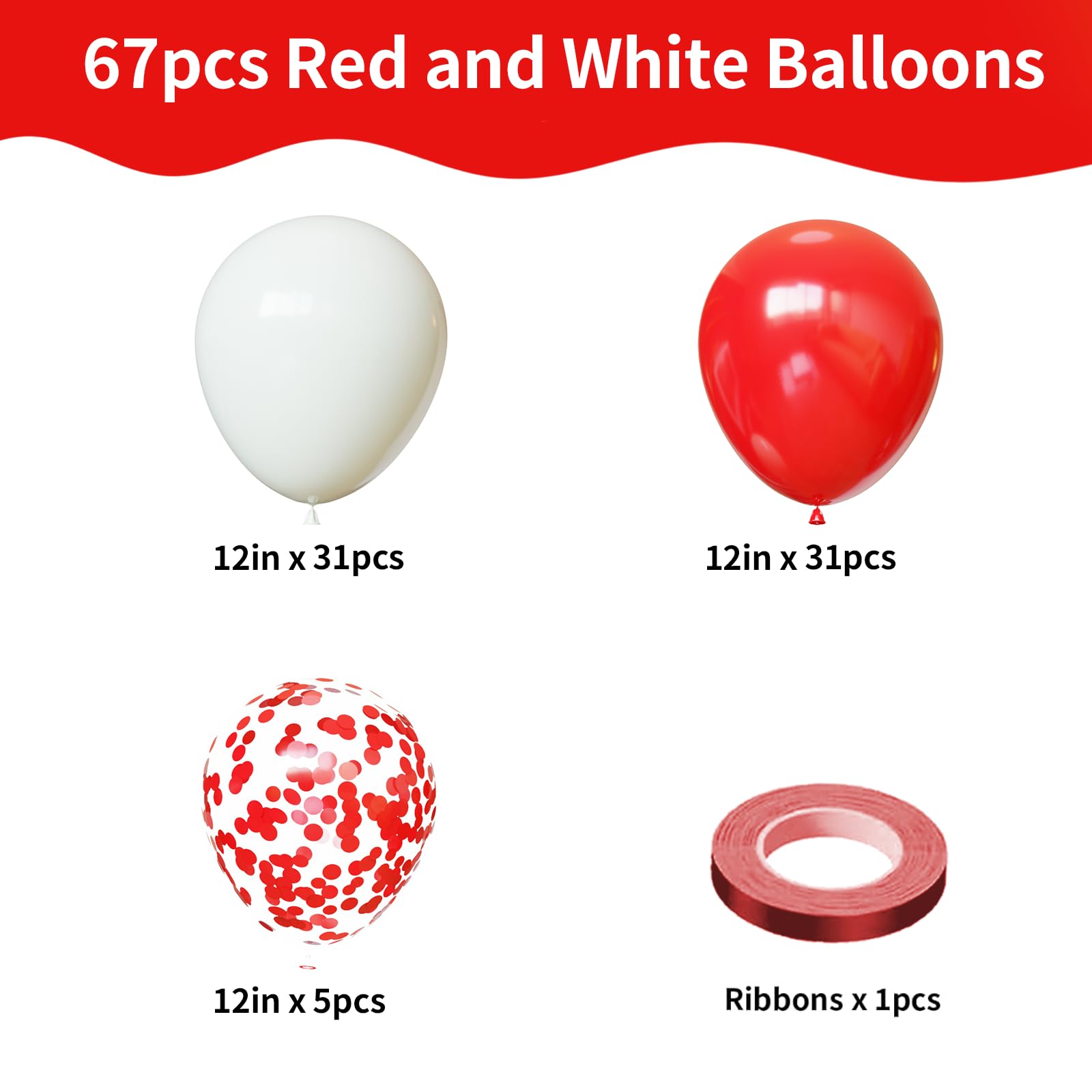 YMSZ Red & White Balloons Kit – 67pcs, 12in Confetti & Solid Balloons