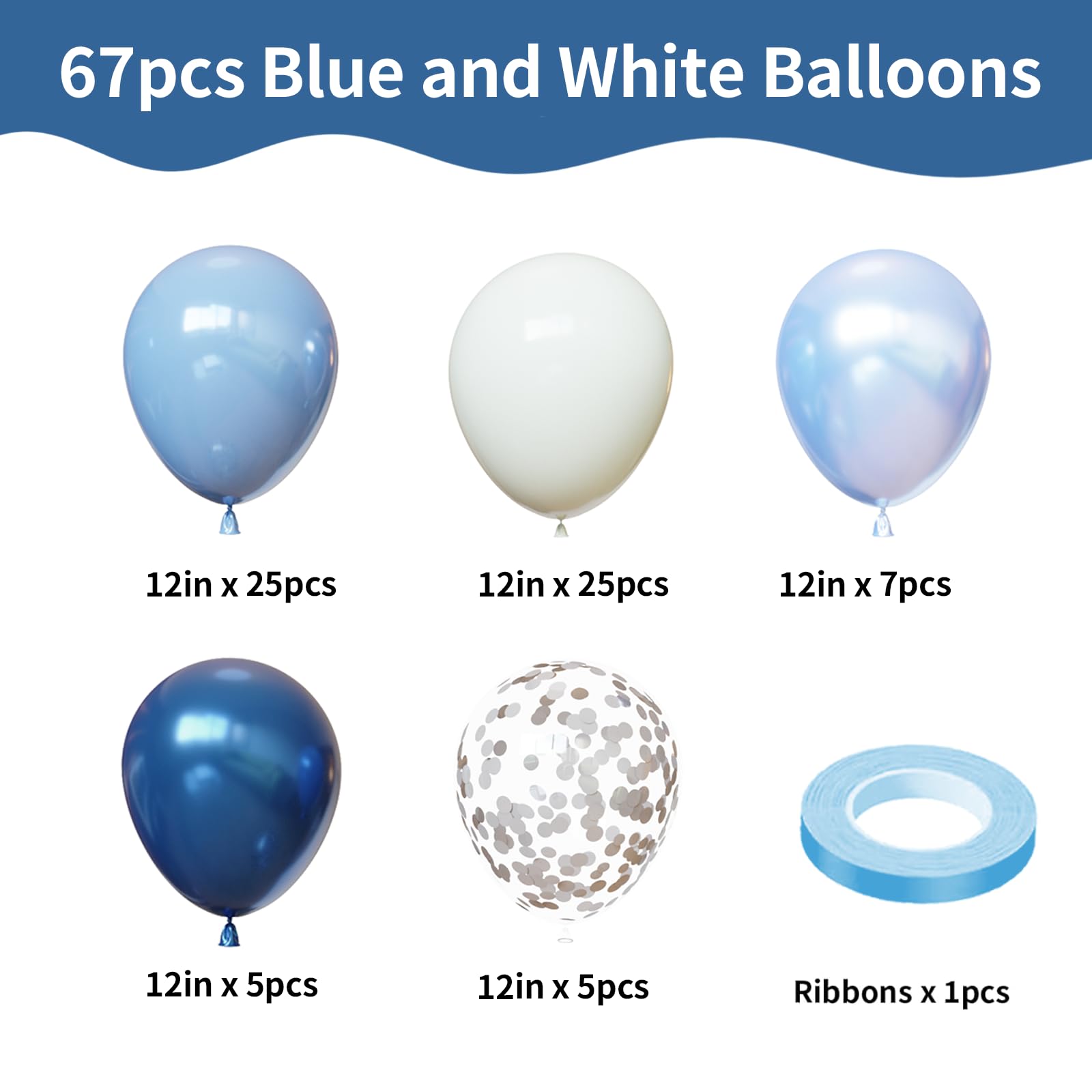 YMSZ 67pcs Blue and White Balloons Kit – 12in Confetti Balloons for Baby Shower, Birthday, Wedding
