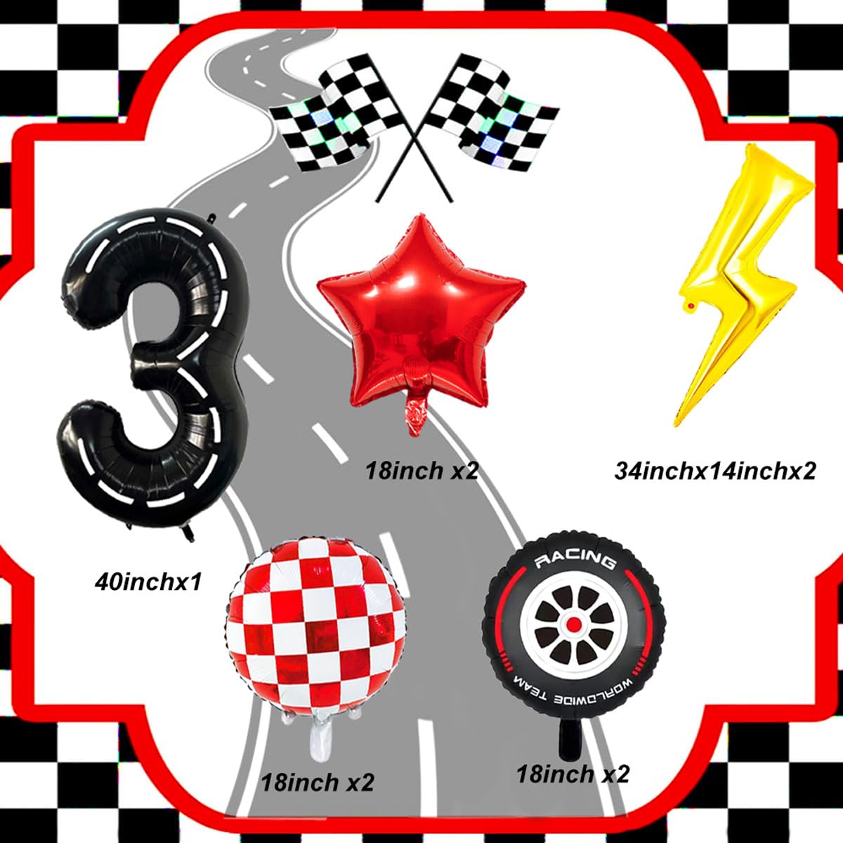 YNITSED Cartoon Race Car Birthday Decorations — 40 Inch Balloons, 3rd Birthday Party