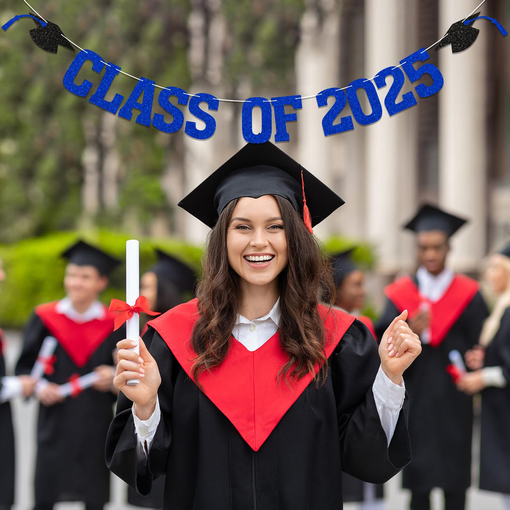 Yochamc Class of 2025 Banner - Blue Glitter Graduation Decor