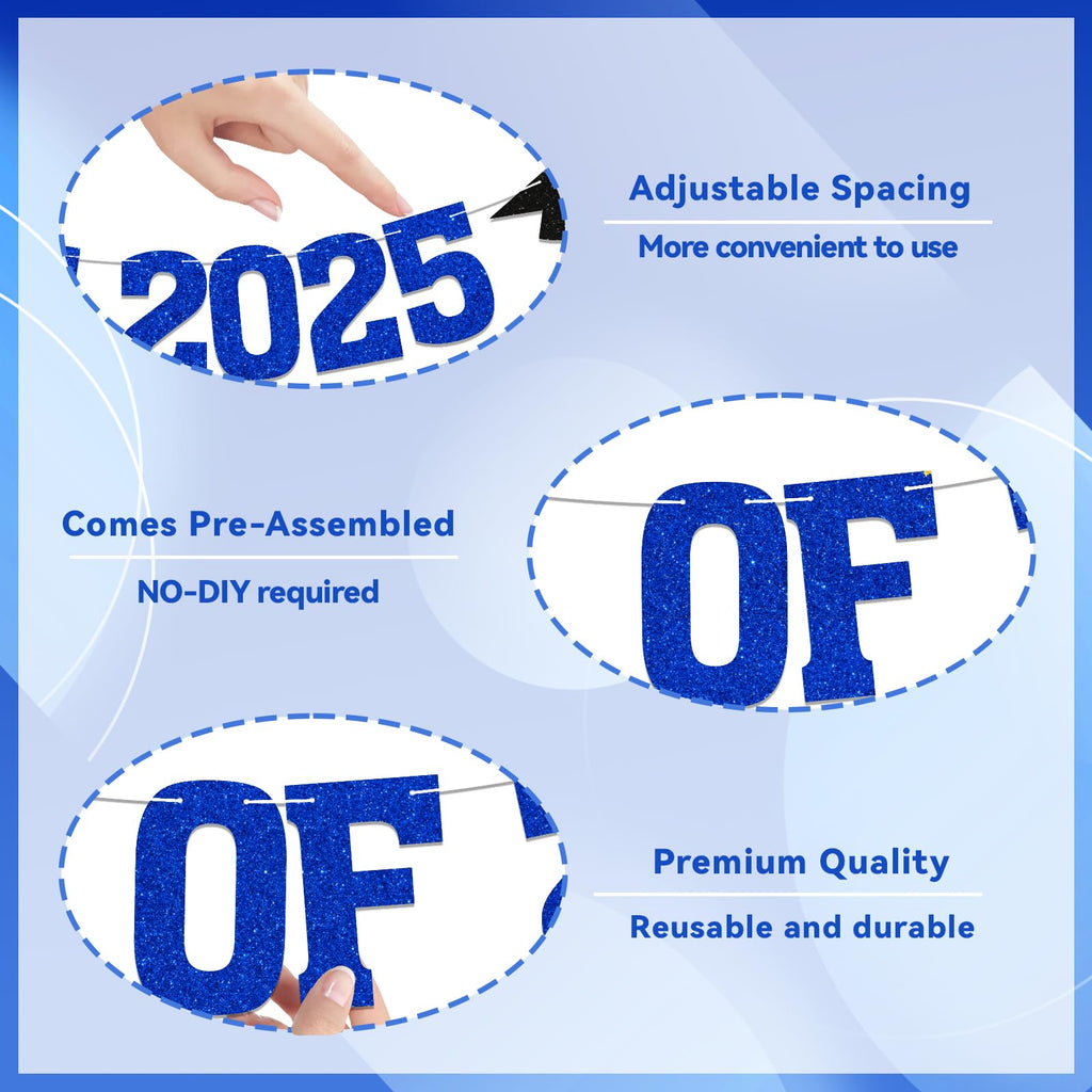 Yochamc Class of 2025 Banner - Blue Glitter Graduation Decor