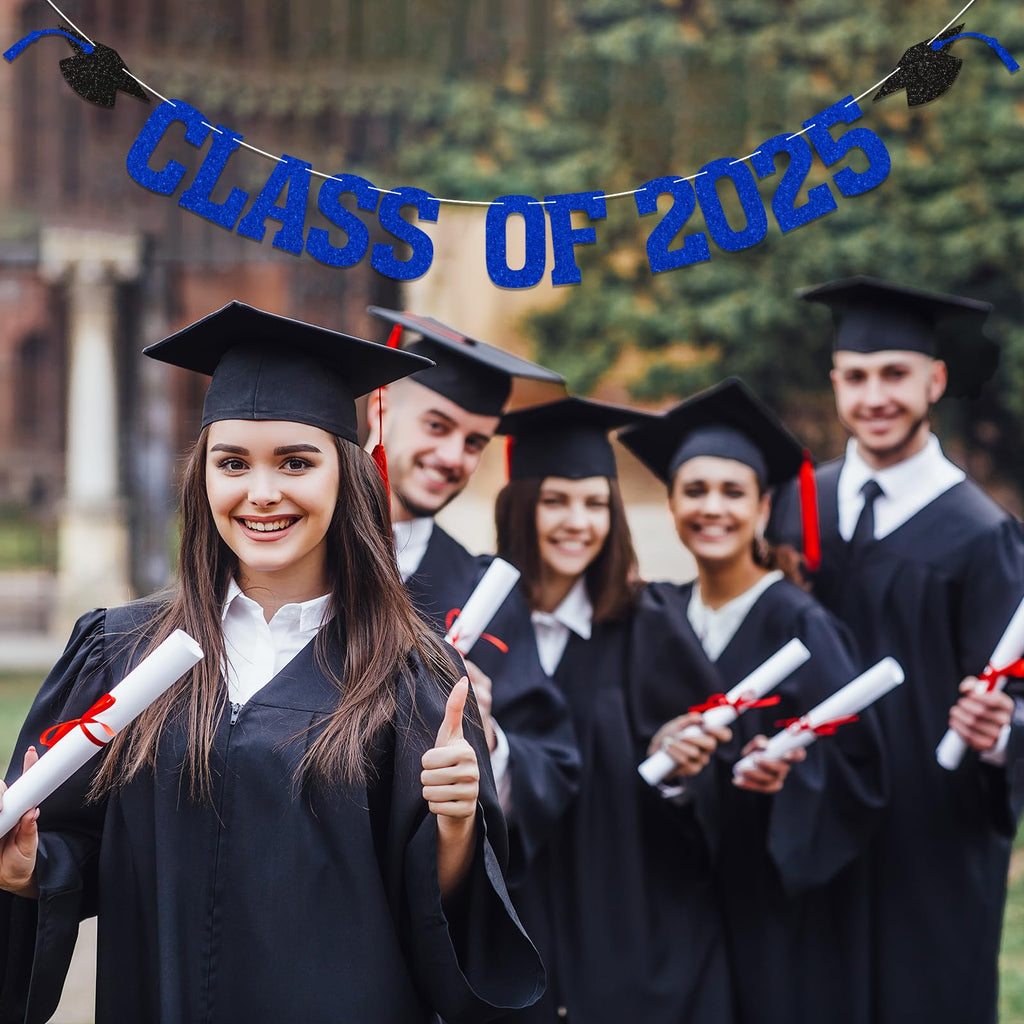 Yochamc Class of 2025 Banner - Blue Glitter Graduation Decor