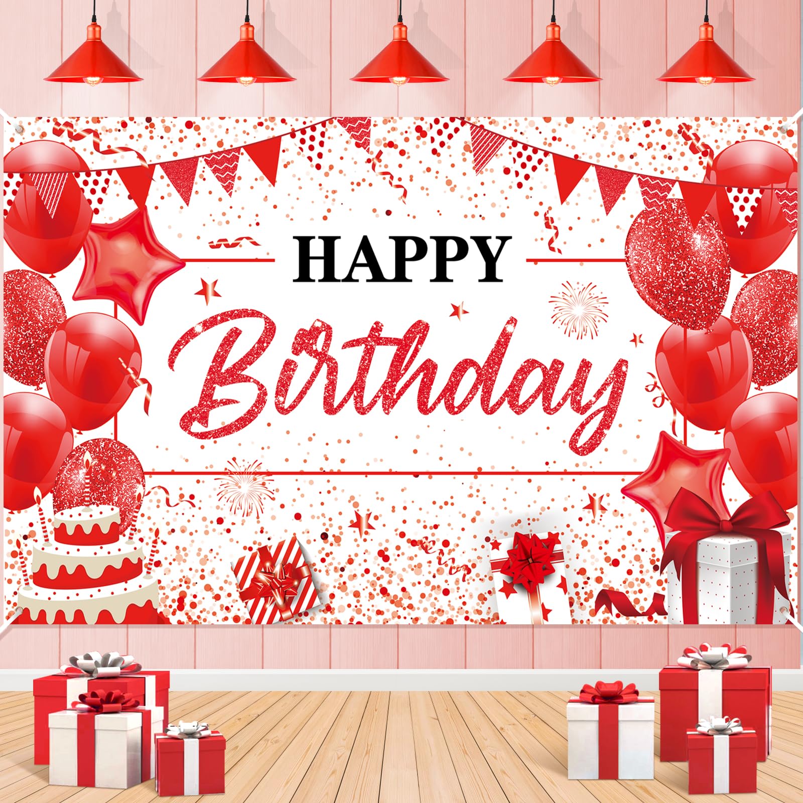 Yoirrat Red White Happy Birthday Banner - Large 71x44 Inch Backdrop for Party Photos