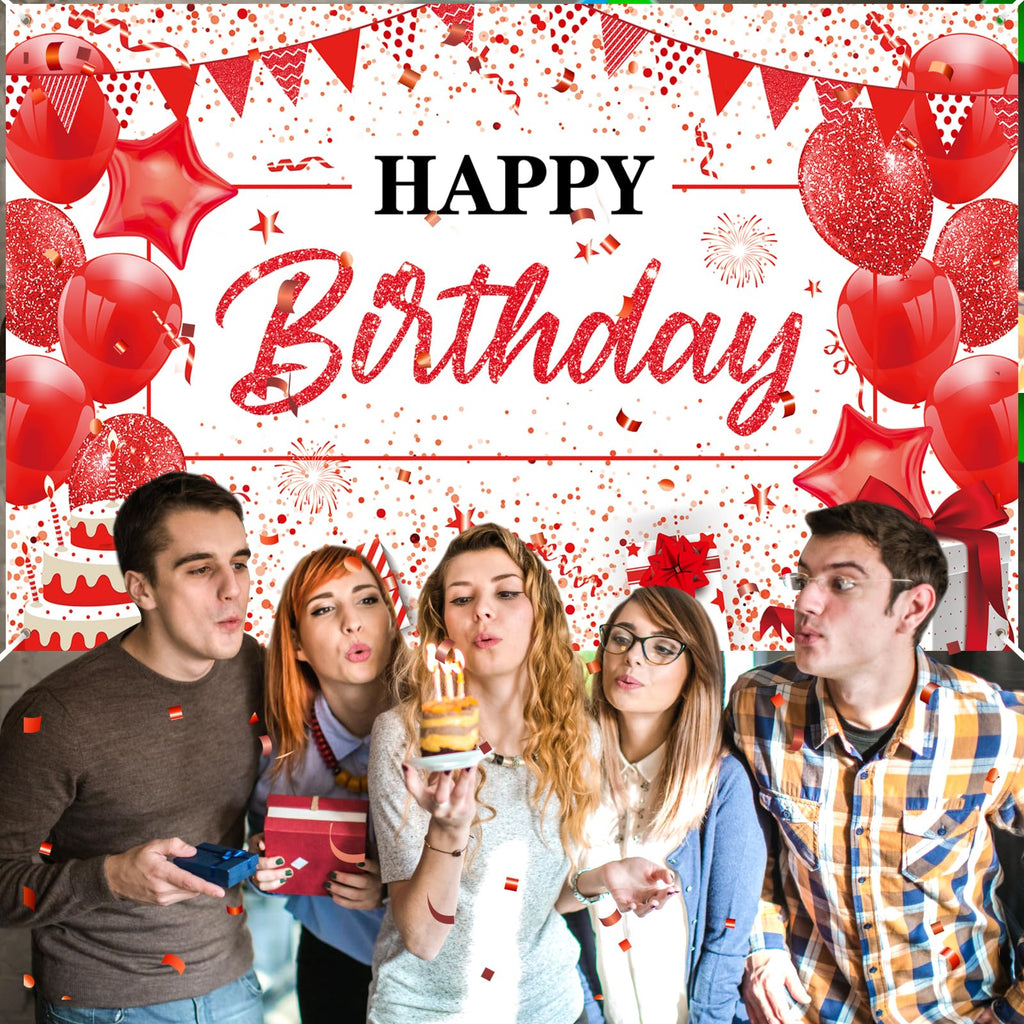 Yoirrat Red White Happy Birthday Banner - Large 71x44 Inch Backdrop for Party Photos