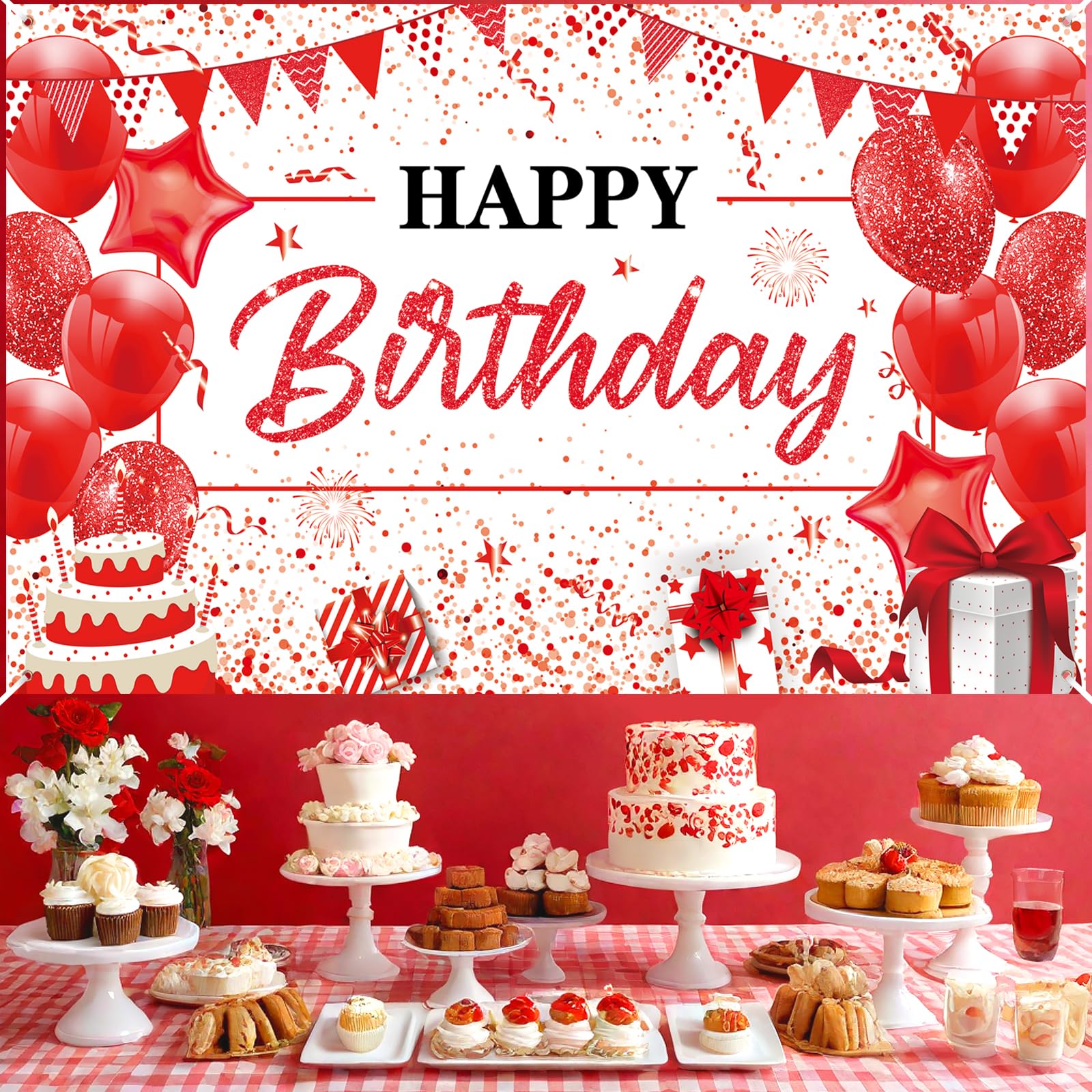 Yoirrat Red White Happy Birthday Banner - Large 71x44 Inch Backdrop for Party Photos
