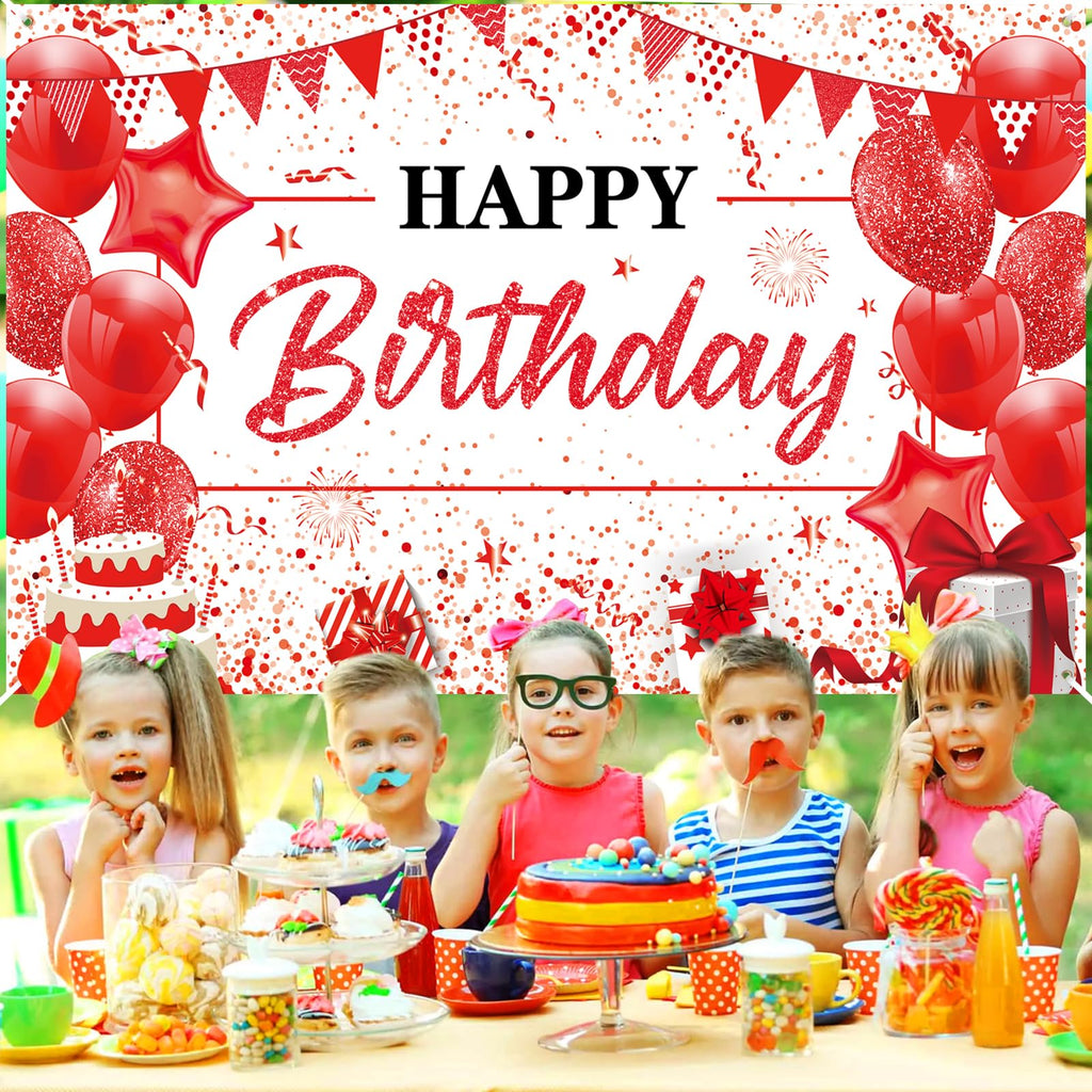 Yoirrat Red White Happy Birthday Banner - Large 71x44 Inch Backdrop for Party Photos