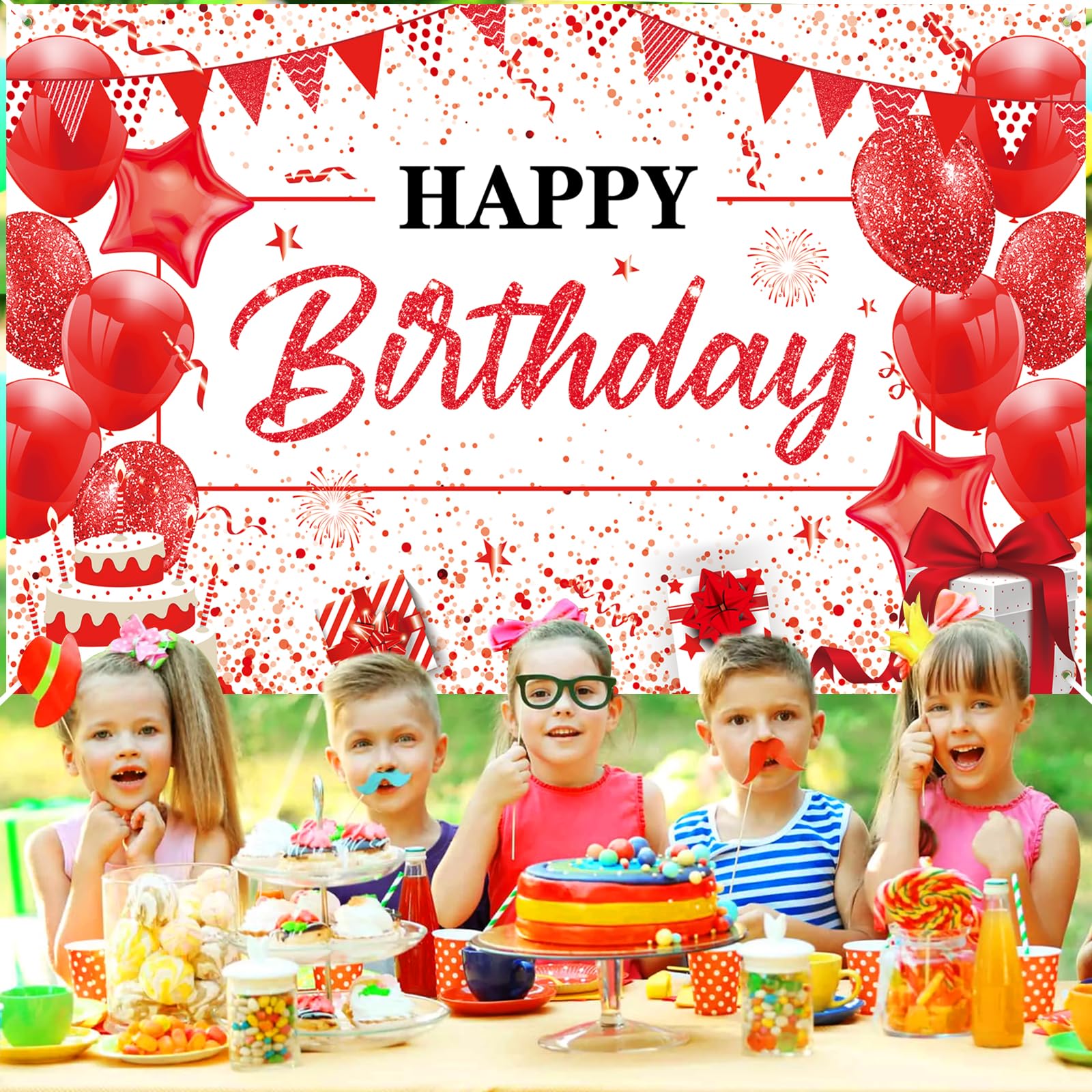 Yoirrat Red White Happy Birthday Banner - Large 71x44 Inch Backdrop for Party Photos