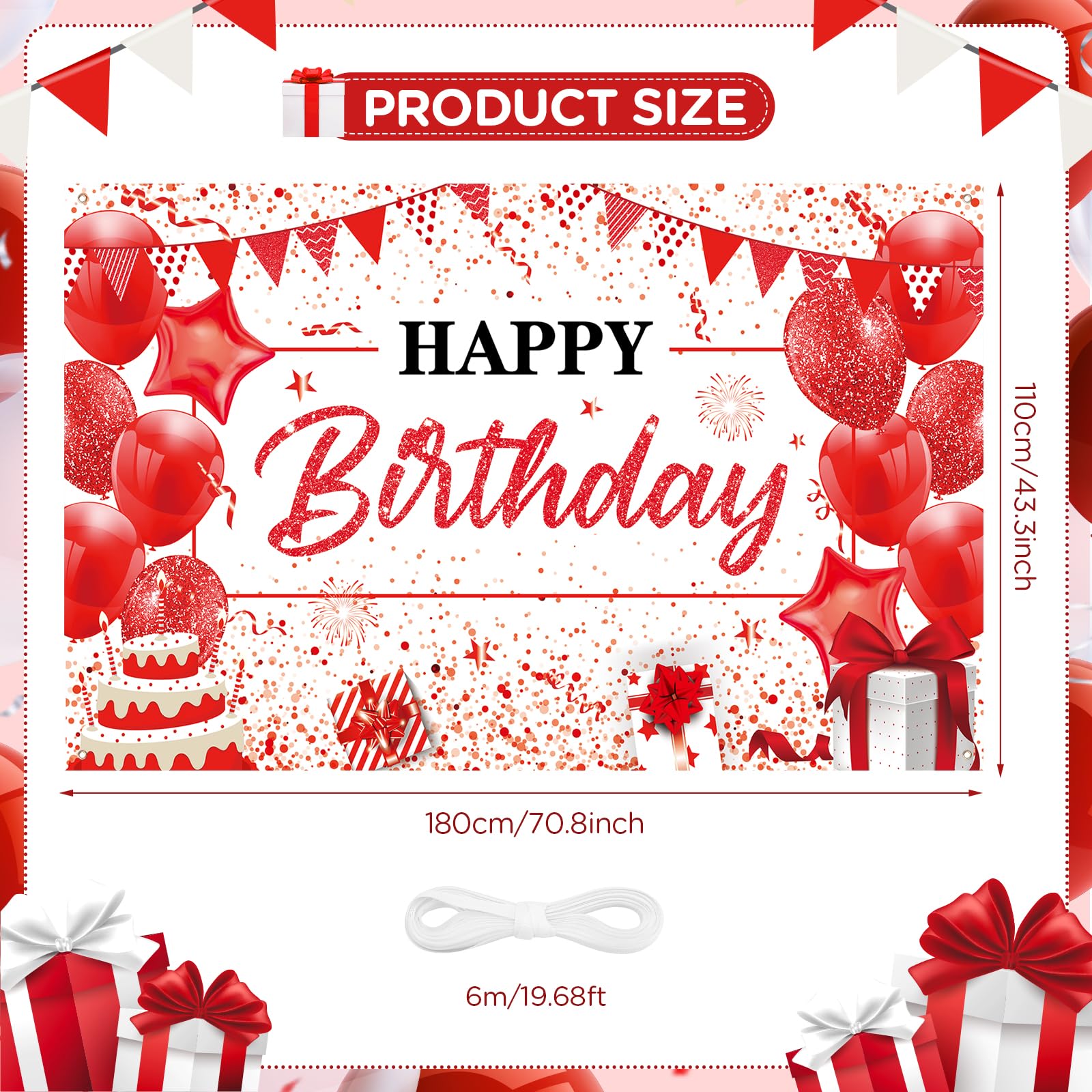 Yoirrat Red White Happy Birthday Banner - Large 71x44 Inch Backdrop for Party Photos