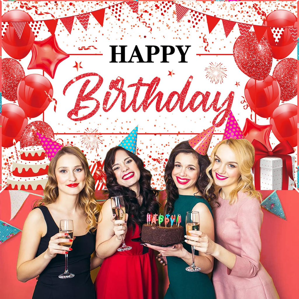 Yoirrat Red White Happy Birthday Banner - Large 71x44 Inch Backdrop for Party Photos