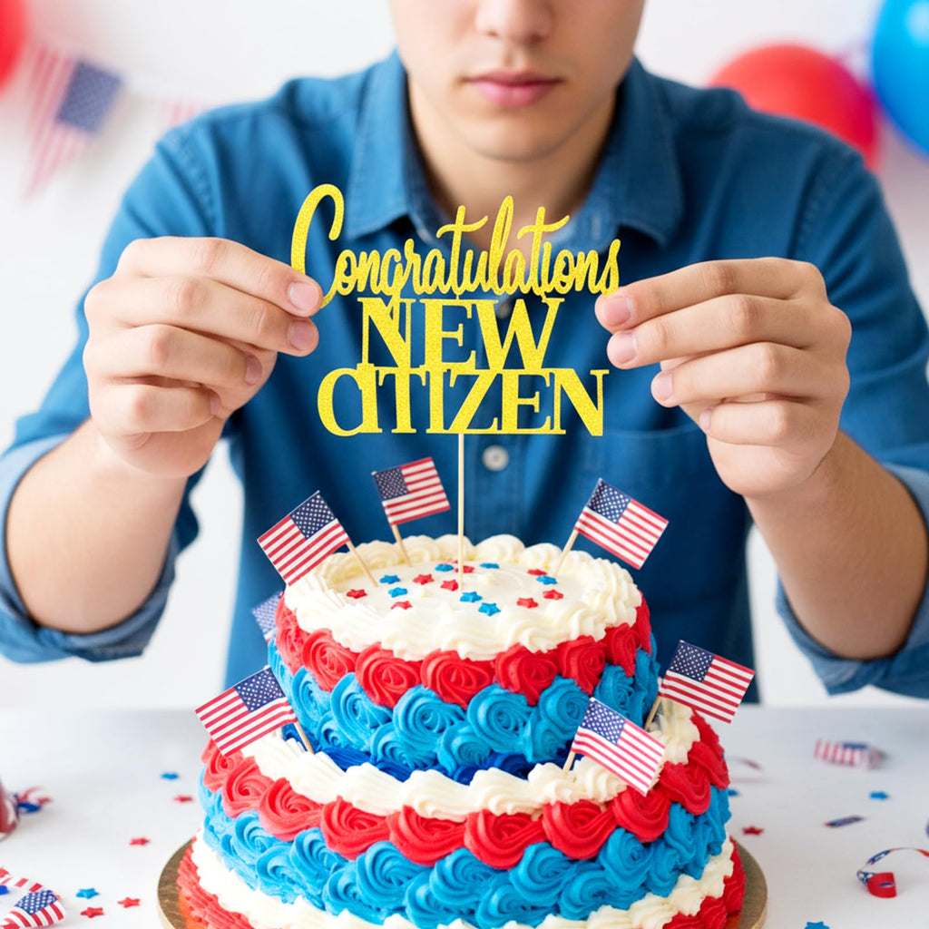 YooNotee Citizenship Cake Topper – Gold Glitter with Bamboo Picks