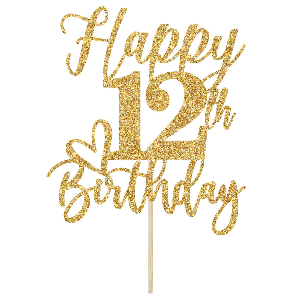 Yotawebery Gold Glitter Happy Birthday Cake Topper – 12th Birthday Party Supplies