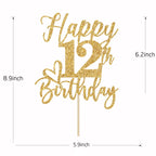 Yotawebery Gold Glitter Happy Birthday Cake Topper – 12th Birthday Party Supplies