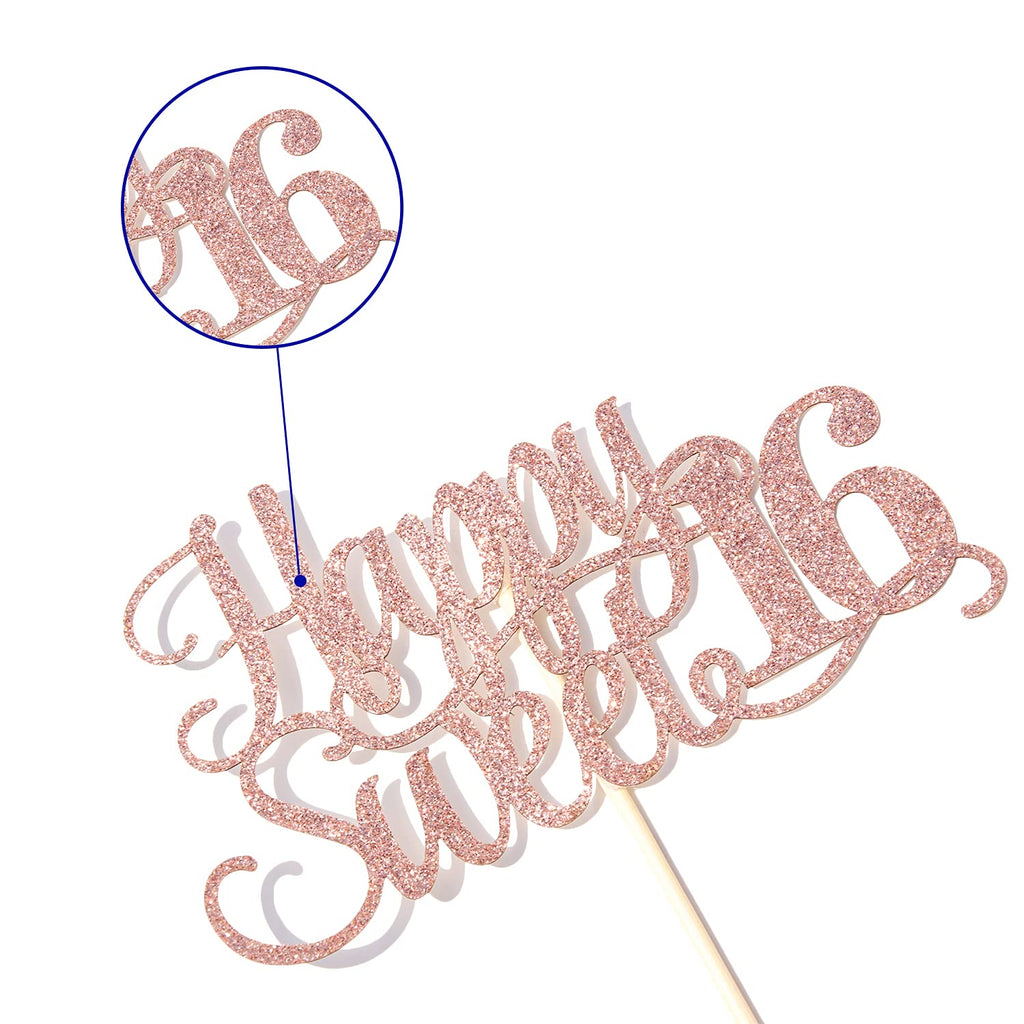Yotawebery Rose Gold Glitter Happy Sweet 16 Cake Topper | Hello 16 Birthday Decor