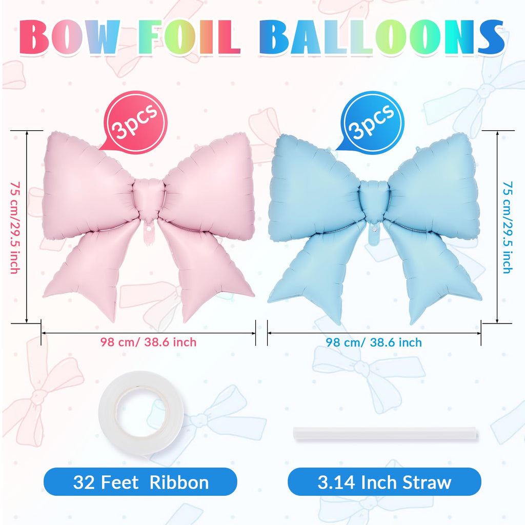 YOTHORN 6 Pcs Pink & Blue Bow Balloons – 38-Inch Foil Party Decorations