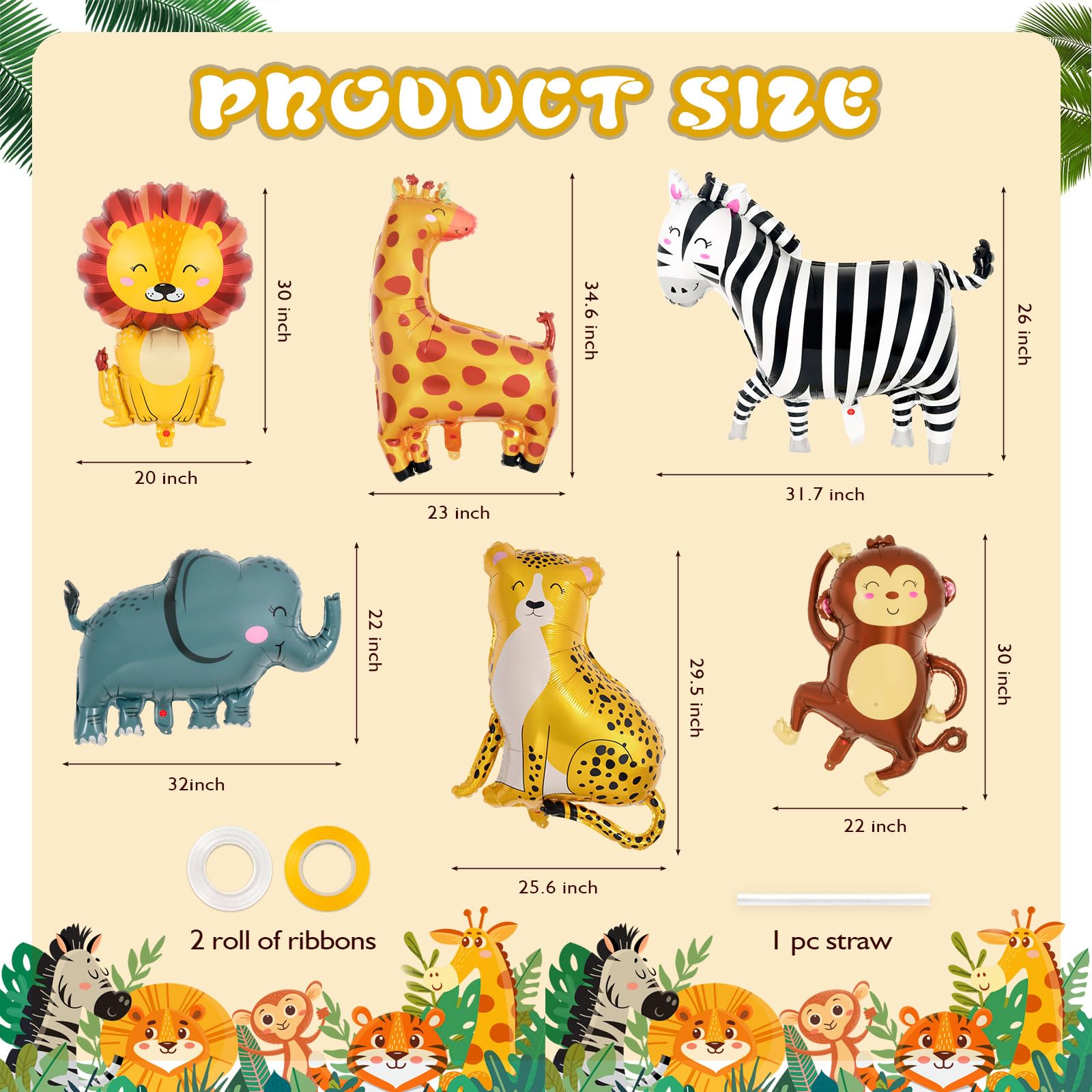 YOTHORN 6 Pcs Safari Balloons – Jungle Animal Foil Balloons for Zoo Theme Birthday Parties