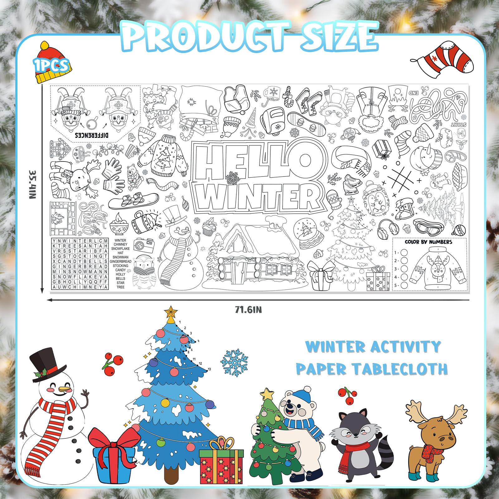 YQUQWN Winter-Riesen-Malposter-Tischdecke für Kinder – 180 x 90 cm für Feiertage, Partys und Klassenzimmerdekoration