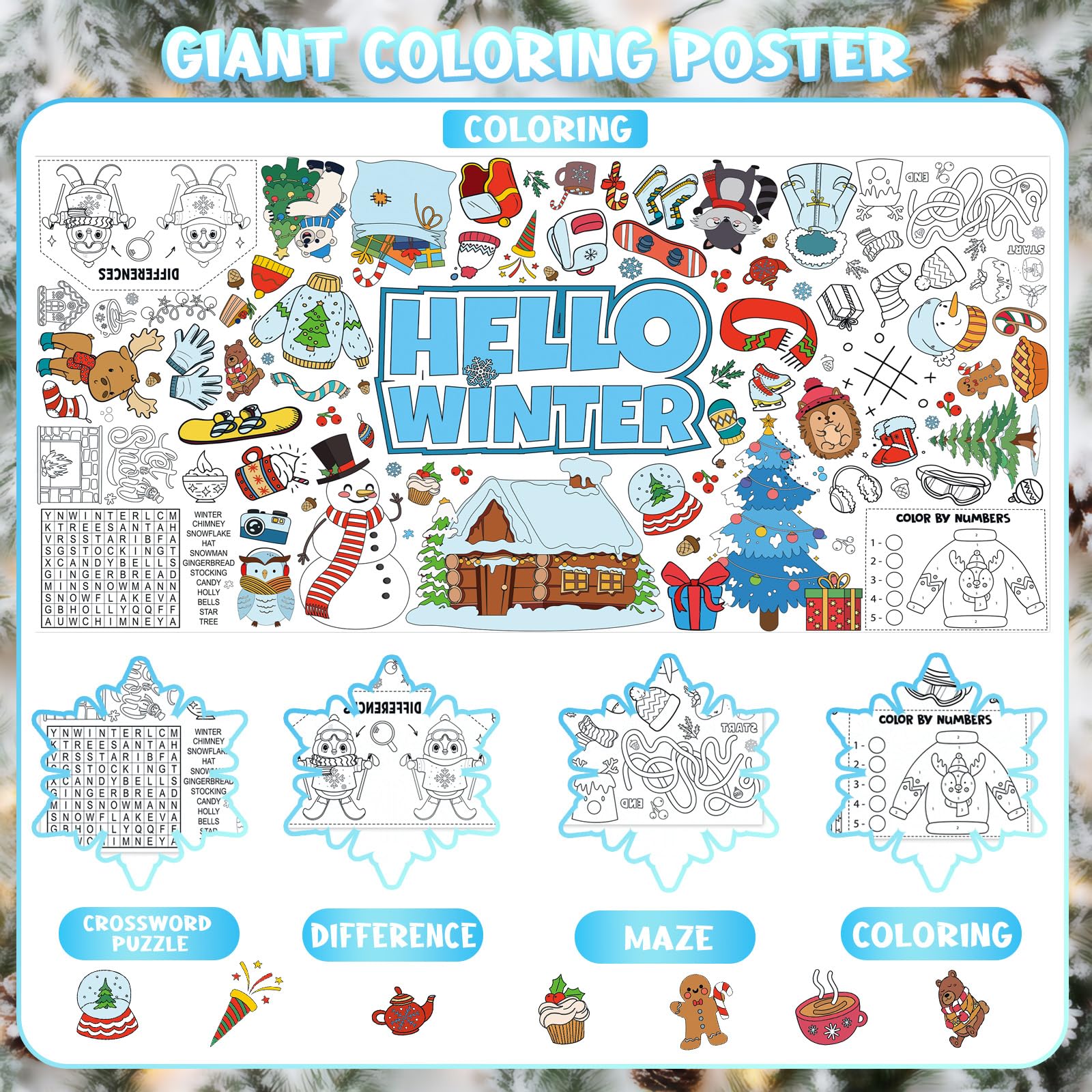 YQUQWN Winter-Riesen-Malposter-Tischdecke für Kinder – 180 x 90 cm für Feiertage, Partys und Klassenzimmerdekoration