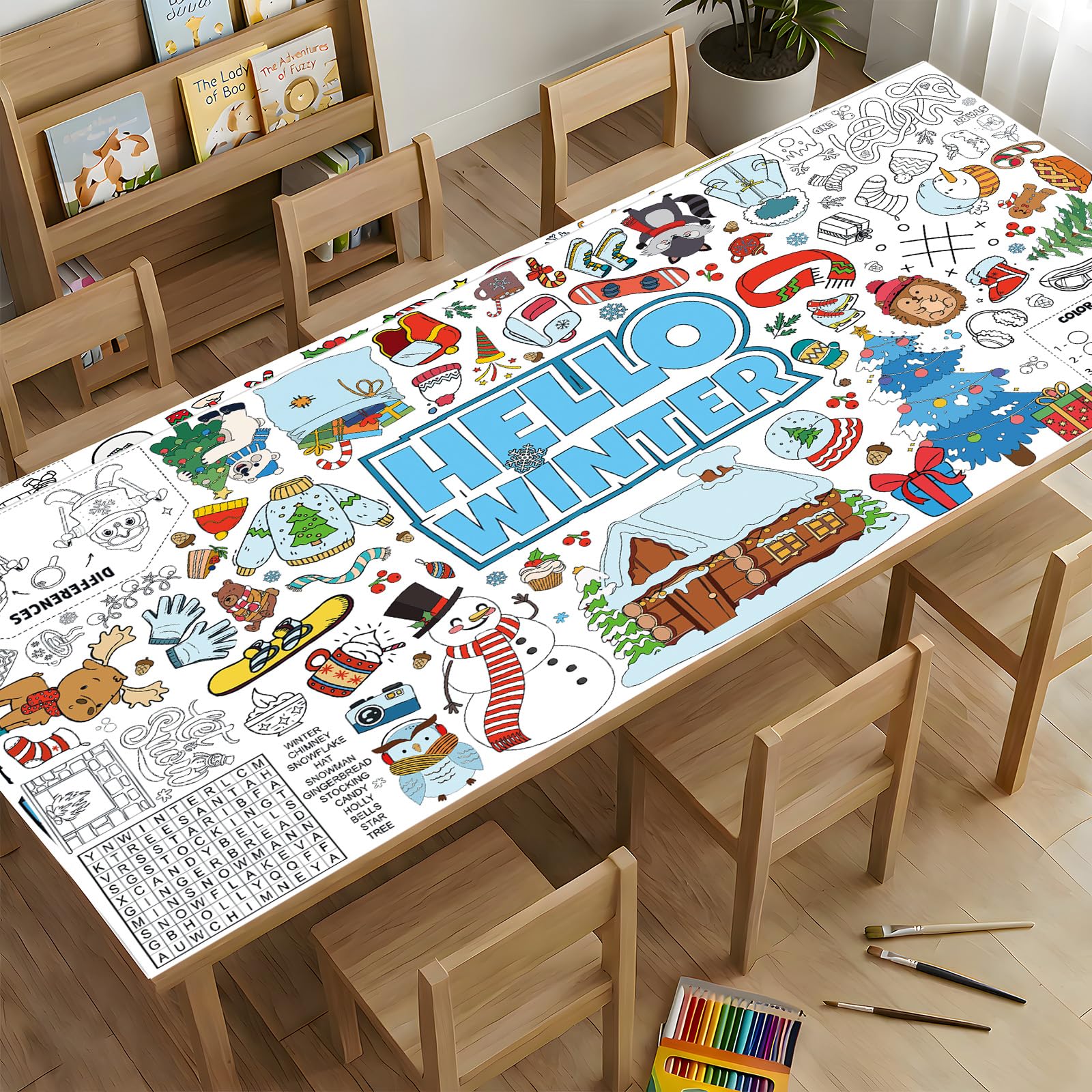 YQUQWN Winter-Riesen-Malposter-Tischdecke für Kinder – 180 x 90 cm für Feiertage, Partys und Klassenzimmerdekoration